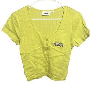 OBEY Women's Neon Yellow Cropped Henley Top Size M Short Sleeve Embroidered Logo